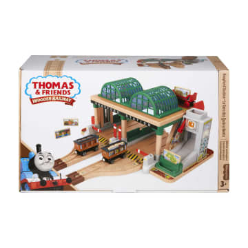 Fisher-Price Thomas et ses Amis Piste en Bois Coffret de Jeu Ramassage de Passagers à La Gare des Quatre Vents