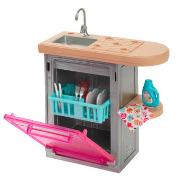 Barbie World Toy Dishwasher Set With 9 Dollhouse Kitchen Accessories Including Plates, Drying Rack, & More - Image 3 of 6