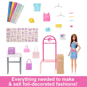Barbie Make & Sell Boutique Playset With Brunette Doll, Foil Design Tools, Clothes & Accessories