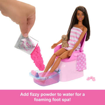 Barbie Mani-Pedi Spa Playset With Brunette Fashion Doll, Puppy & 7 Accessories, Color-Change Feature - Image 3 of 6