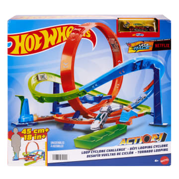 Hot Wheels Action Loop Cyclone Challenge Track Set With 1:64 Scale Toy Car, Easy Storage