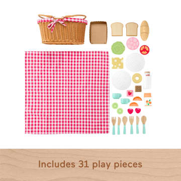 Fisher-Price Wood Pretend Play Toy Picnic Basket, 31-Piece Wooden Food Playset For Preschool Kids Ages 3+ Years - Image 5 of 6
