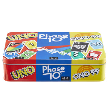 Mattel Games 3 Card Game Pack - UNO, Phase 10, Ono 99 in Storage Tin Box