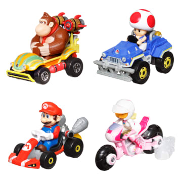 Hot Wheels Mario Kart Vehículo de Juguete Paquete de 4 con Princesa Peach, Mario, Toad y Donkey Kong