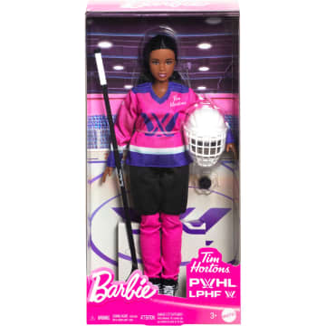 Barbie Tim Hortons PWHL Fashion Doll in Pink, Purple, & Teal Hockey Jersey, includes Hockey Accessories