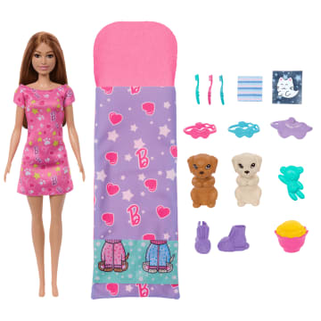 Barbie-Soirée Pyjama Chiots-Coffret Poupée, 2Chiots, 11Accessoires