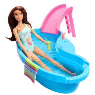 Barbie Doll And Pool Playset, Brunette With Pool, Slide, Towel And Drink Accessories - Image 2 of 5