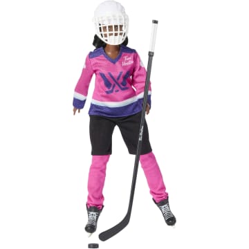 Barbie Tim Hortons PWHL Fashion Doll in Pink, Purple, & Teal Hockey Jersey, includes Hockey Accessories