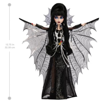 Monster High Elvira Collector Doll in Black Faux Leather Dress With Silvery Cape And Accessories