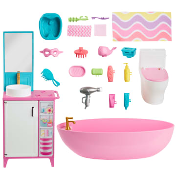 Barbie World Bathtime Toy Playset With 19 Dollhouse Accessories including Bathtub, Toilet, & Vanity - Image 5 of 6