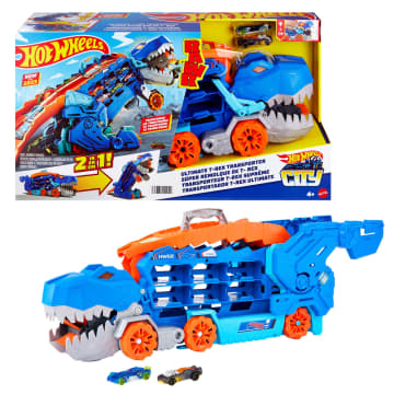 Hot Wheels City Ultimate Hauler, Transforms into A T-Rex With Race Track, Stores 20+ Cars