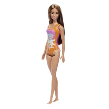 Beach Barbie Doll With Light Brown Hair Wearing Tropical Pink And Orange Swimsuit