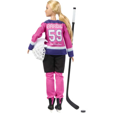 Barbie Tim Hortons PWHL Fashion Doll in Pink, Purple, & Teal Hockey Jersey, includes Hockey Accessories