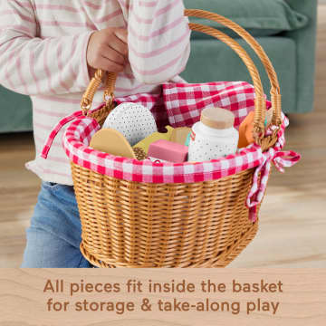 Fisher-Price Wood Pretend Play Toy Picnic Basket, 31-Piece Wooden Food Playset For Preschool Kids Ages 3+ Years - Image 4 of 6