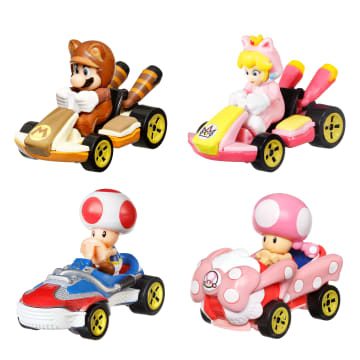 Hot Wheels Mario Kart Vehículo de Juguete Paquete de 4 con Tanooki Mario, Toad, Cat Peach y Toadette - Imagen 2 de 6