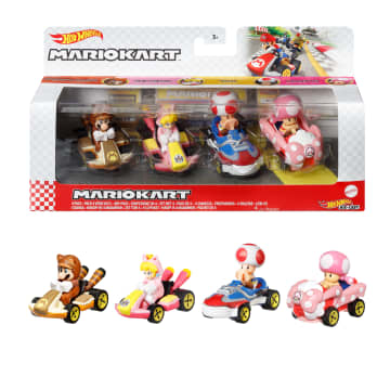Hot Wheels Mario Kart Vehículo de Juguete Paquete de 4 con Tanooki Mario, Toad, Cat Peach y Toadette