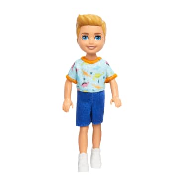 Barbie Chelsea Doll, Small Boy Doll Wearing Removable One-Piece With Dino Print, Blond Hair & Blue Eyes