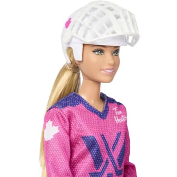 Barbie Tim Hortons PWHL Fashion Doll in Pink, Purple, & Teal Hockey Jersey, includes Hockey Accessories