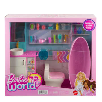 Barbie World Bathtime Toy Playset With 19 Dollhouse Accessories Including Bathtub, Toilet, & Vanity