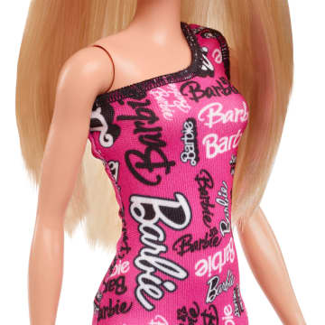 Barbie Fashion Doll With Straight Blonde Hair Wearing Removable Pink Dress & Shoes With Logo Print - Imagen 4 de 6