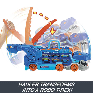 Hot Wheels City Ultimate Hauler, Transforms into A T-Rex With Race Track, Stores 20+ Cars