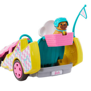 Barbie-Poupée Stacie Karting, Avec Kart, Chien et Accessoires