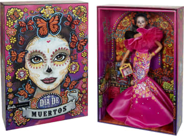 2023 Día De Muertos Barbie Doll Wearing Ruffled Pink Gown And Holding Tiny Ofrenda, Barbie Signature