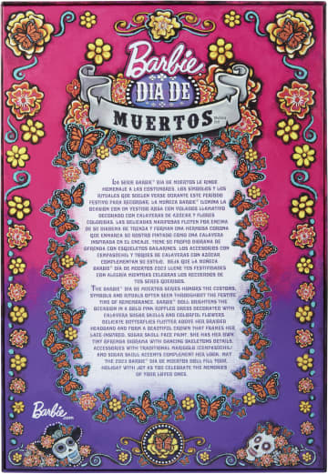 2023 Día De Muertos Barbie Doll Wearing Ruffled Pink Gown And Holding Tiny Ofrenda, Barbie Signature