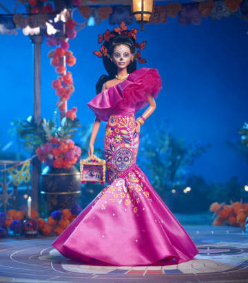 2023 Día De Muertos Barbie Doll Wearing Ruffled Pink Gown And Holding Tiny Ofrenda, Barbie Signature - Image 2 of 6