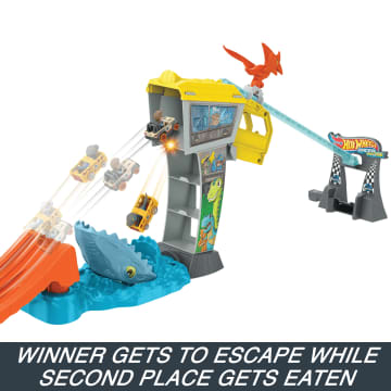 Hot Wheels Racerverse Jurassic World Blue’s Raptor Rush Track Set With 2 Toy Die-Cast Vehicles