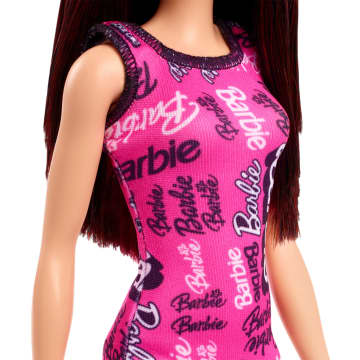 Barbie Fashion Doll With Dark Burgundy Hair Wearing Removable Pink Dress & Shoes With Logo Print - Image 3 of 5