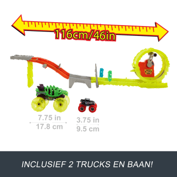 Hot Wheels Monstertrucks Powerkrakers Racen En Achtervolgen, Met Oversized Skelesaurus, Bottenschudder (Schaal 1:64) En 2 Pletbare Auto'S