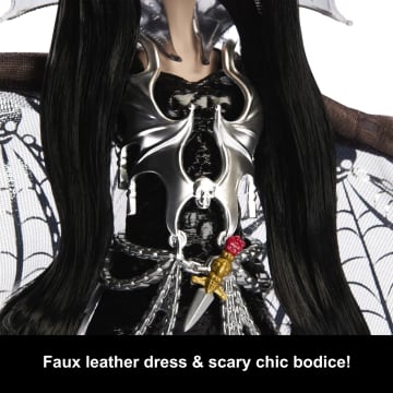 Monster High Elvira Collector Doll in Black Faux Leather Dress With Silvery Cape And Accessories